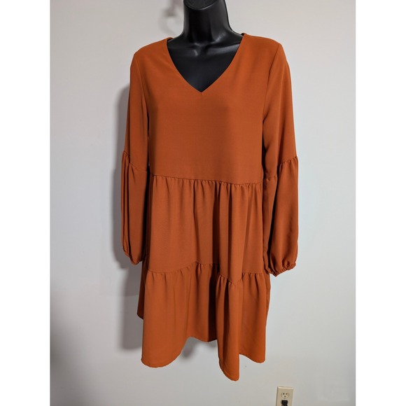 Tiered Babydoll Dress Rust Orange Long Lantern Sleeve V Neck Mini Dress Small - Picture 1 of 5